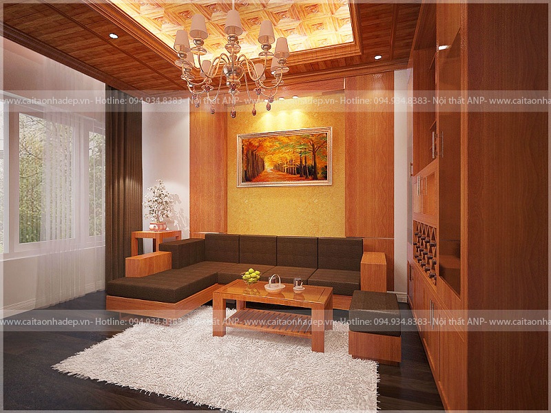 Thiết kế nội thất phòng khách nhà phố có trần gỗ đẹp ở Hà Đông